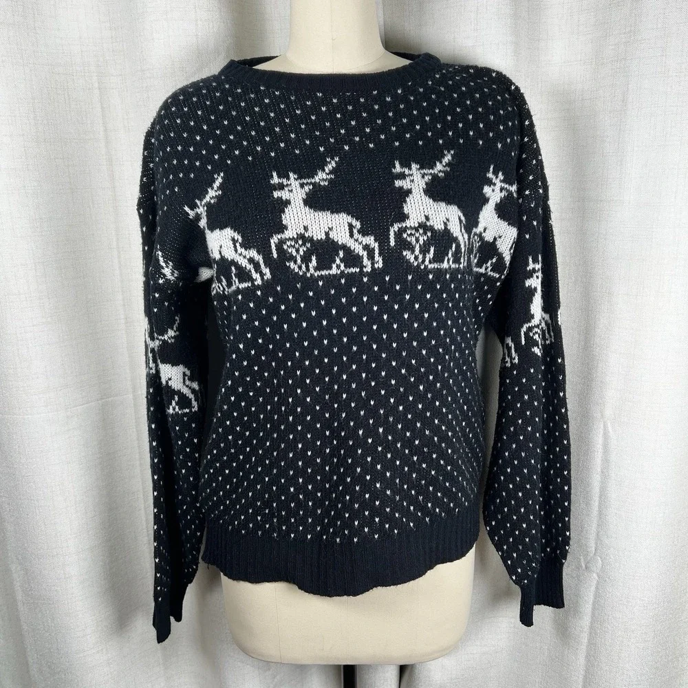 Vintage Circuit Christmas Holiday Sweater Black White Reindeer Snowflakes Medium